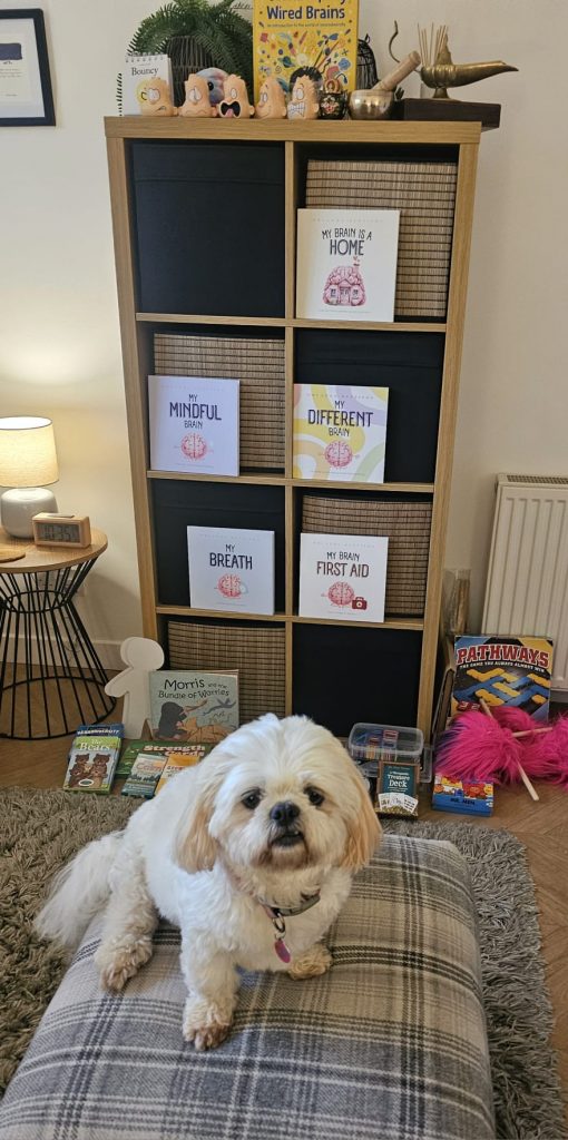 Luna our therapy dog in our relaxed therapy room